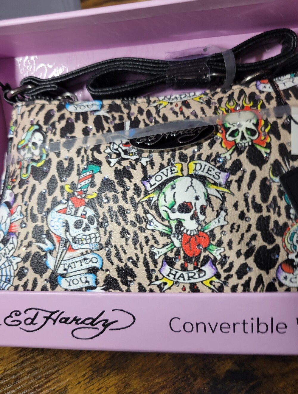 Ed Hardy Convertible Wristlet & Key Ring - Leopard Tattoo Print, Accents - Picture 3 of 11